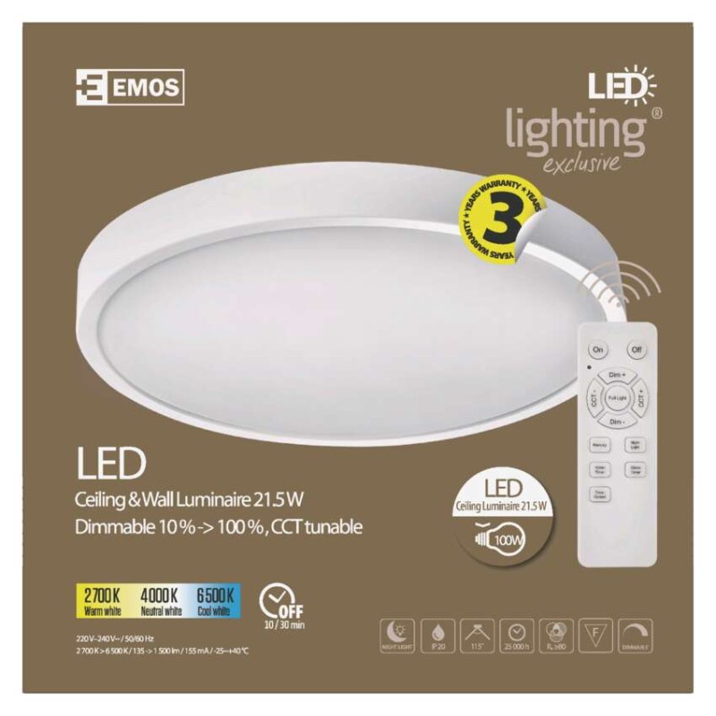 EMOS LED mennyezeti lámpa 21,5W dimm állítható színhőm.
