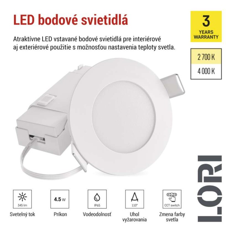 LED bodové svietidlo LORI 4,5W 345LM IP65 CCT bielá