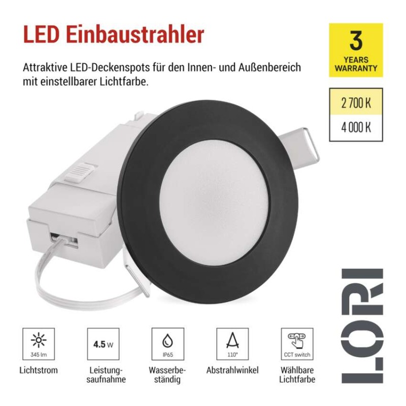 LED-Deckenspot LORI 4,5W 345LM IP65 CCT schwarz