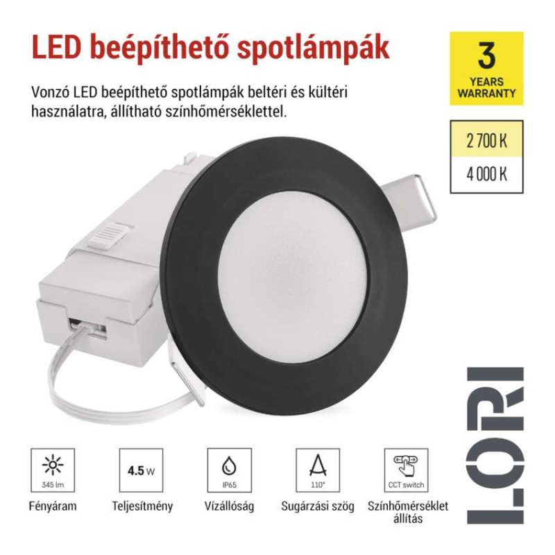 LED reflektor LORI fekete, kerek, 4,5W CCT
