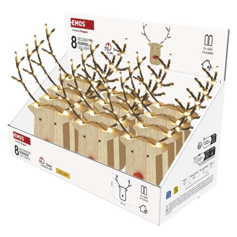 LED dekorace dřevěná – sob, 16 cm, 2x AAA, vnitřní, teplá bílá, časovač,12 ks, display box