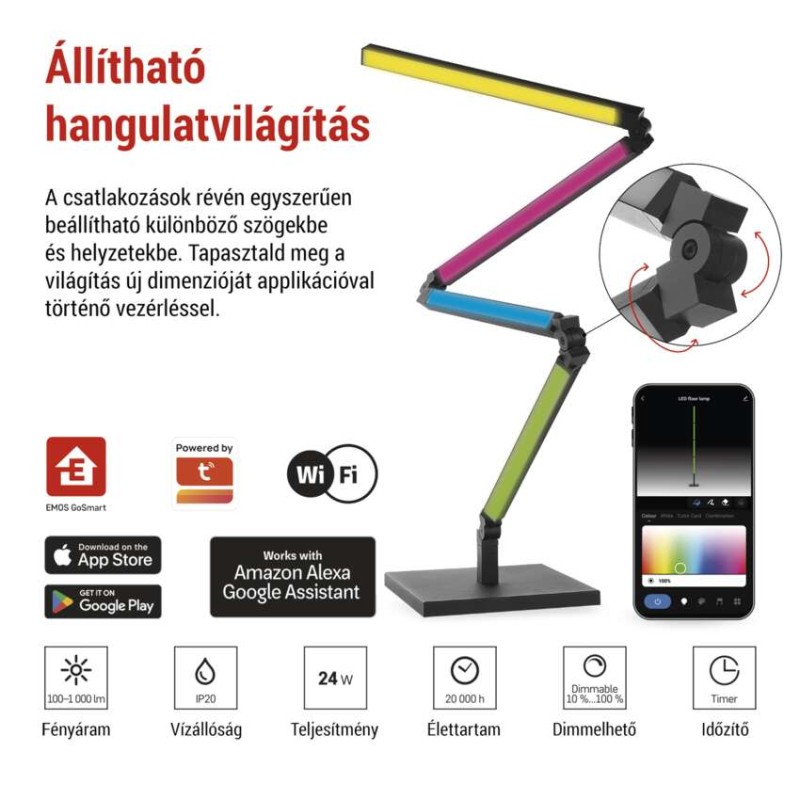GoSmart LED állólámpa, fekete, 175 cm, meleg fehér / RGBIC WiFi