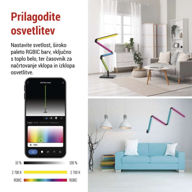 GoSmart LED stoječa svetilka, črna, 175 cm, topla bela / RGBIC WiFi