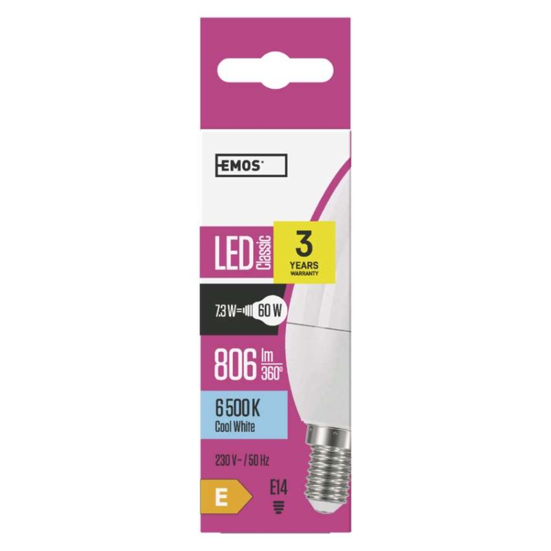 LED žárovka Classic svíčka / E14 / 7,3 W (60 W) / 806 lm / studená bílá