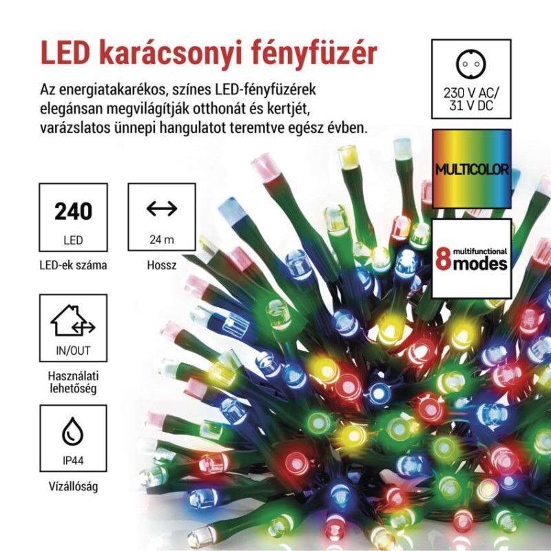 LED karácsonyi fényfüzér, 24 m, kültéri és beltéri, többszínű, progr, időz.