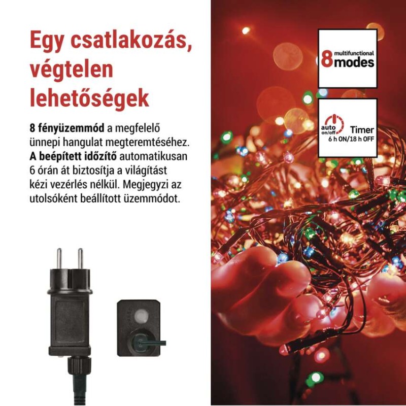 LED karácsonyi fényfüzér, 24 m, kültéri és beltéri, többszínű, progr, időz.