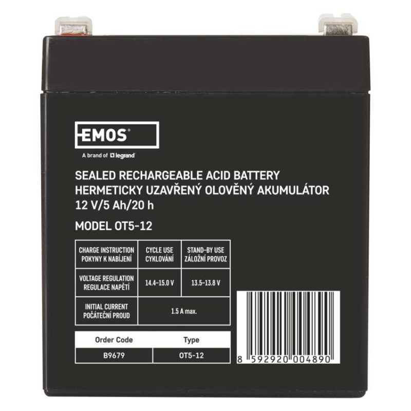 SLA (hermētisks svina un skābes elementu) akumulators, 12 V/5 Ah, Faston, 6,3 mm