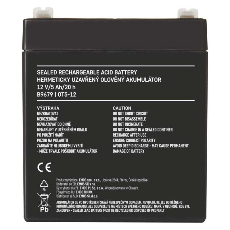 SLA (hermētisks svina un skābes elementu) akumulators, 12 V/5 Ah, Faston, 6,3 mm