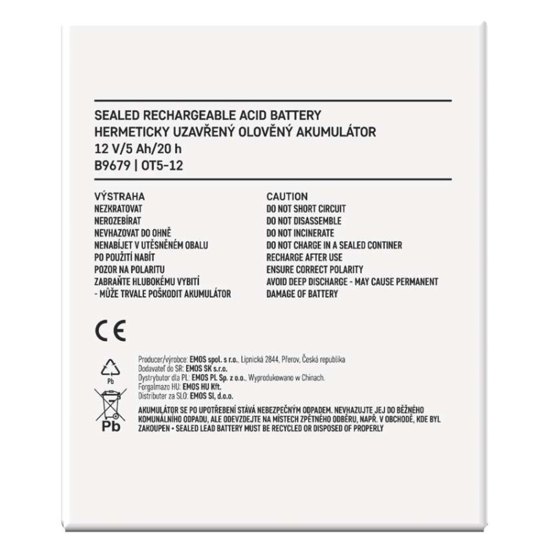 SLA (hermētisks svina un skābes elementu) akumulators, 12 V/5 Ah, Faston, 6,3 mm