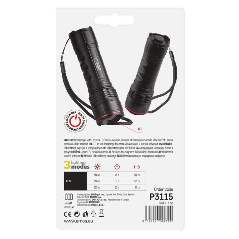 LED svítilna kovová, 500 lm, 4× AAA, FOKUS