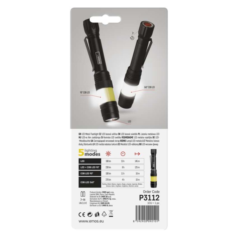 Latarka metalowa LED COB 360° 180 lm 2x AA