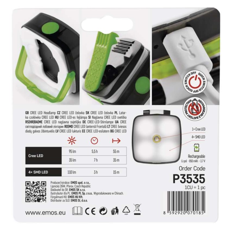 CREE + SMD LED nab. čelovka P3535, 110 lm,55 m,Li-Pol 850 mAh