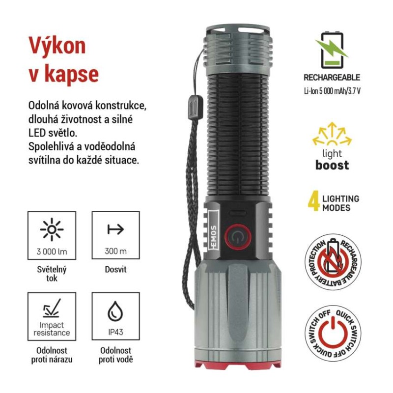 LED nabíjecí kovová svítilna 3000 lm, 5000 mAh