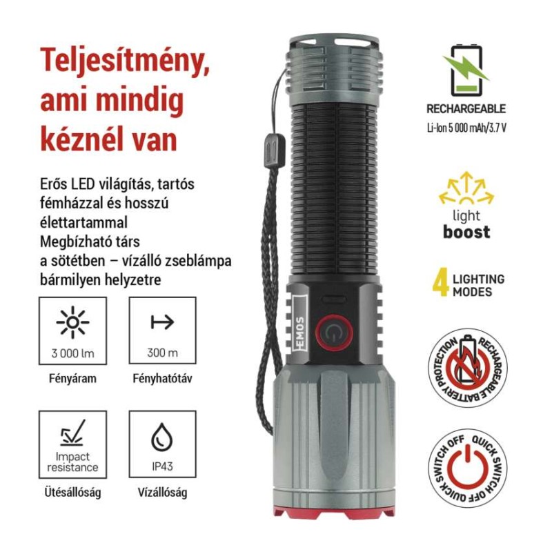 EMOS LED tölthető fém zseblámpa 3000 lm, 5000 mAh