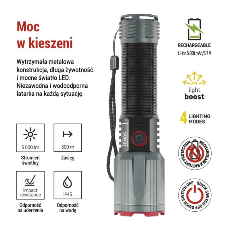 Latarka metalowa LED 3000 lm, 5000 mAh, ładowalna