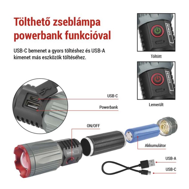 EMOS LED tölthető fém zseblámpa 3000 lm, 5000 mAh