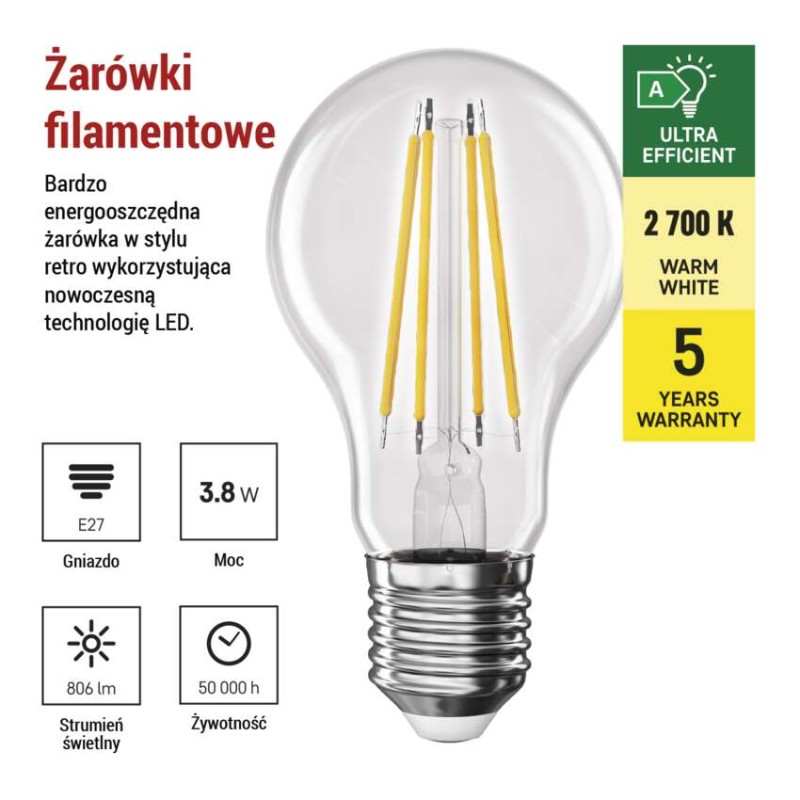 Żarówka LED Filament A60 A CLASS/ E27 / 3,8 W (60 W) / 806 lm / ciepła biel