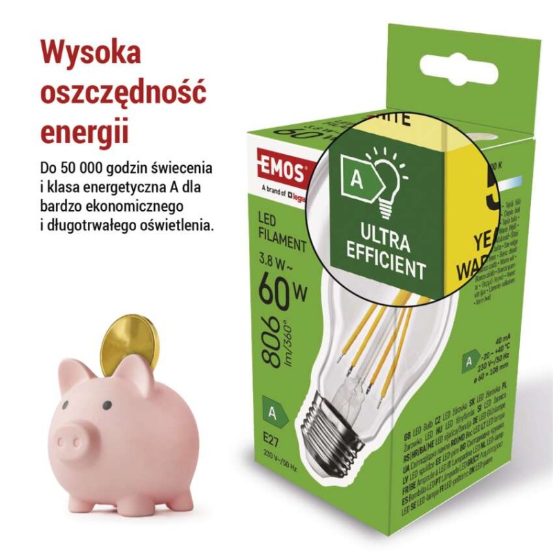 Żarówka LED Filament A60 A CLASS/ E27 / 3,8 W (60 W) / 806 lm / ciepła biel