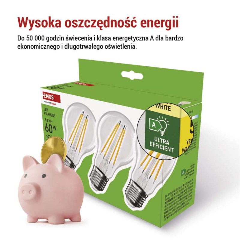 Żarówka LED Filament A60 A CLASS/ E27 / 3,8 W (60 W) / 806 lm / ciepła biel