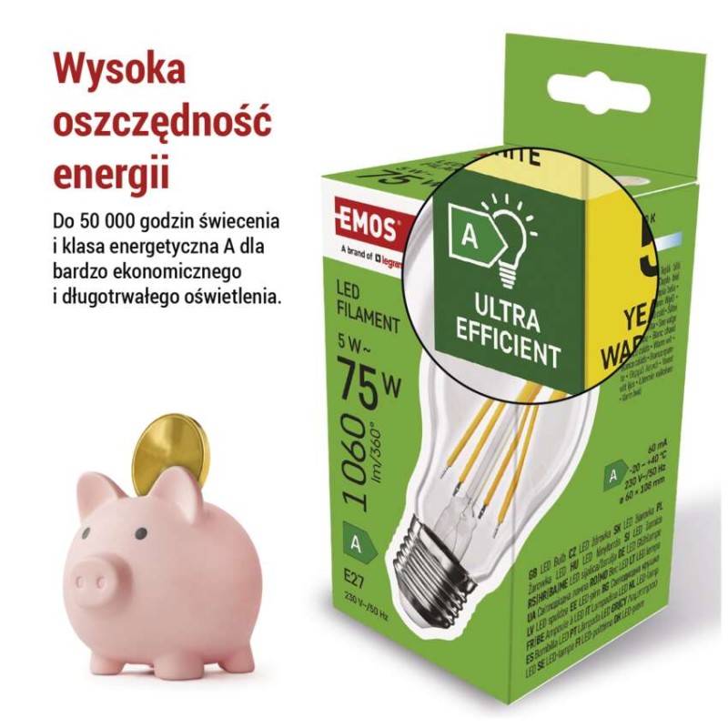 Żarówka LED Filament A60 A CLASS/ E27 / 5 W (75 W) / 1 060 lm / ciepła biel