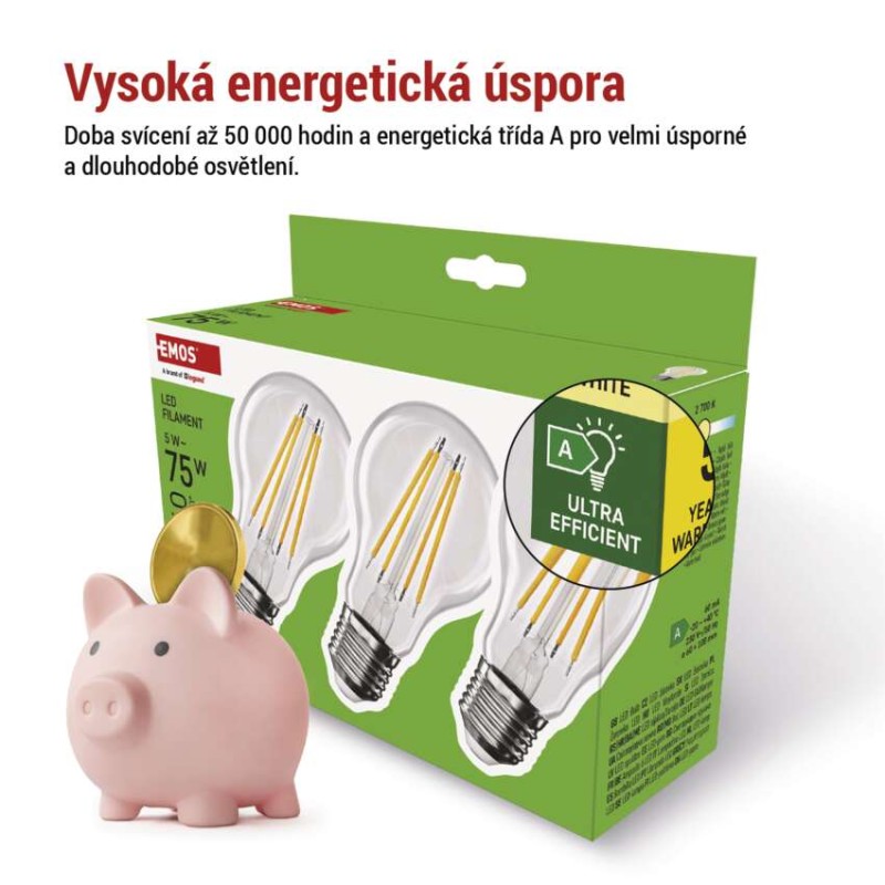 LED žárovka Filament A60 A CLASS/ E27 / 5 W (75 W) / 1 060 lm / teplá bílá