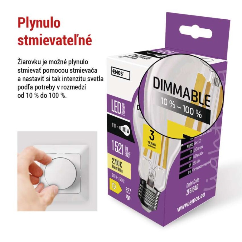 LED žiarovka Filament A60 / E27 / 11W (100W) / 1521 lm / teplá biela / stmievateľná