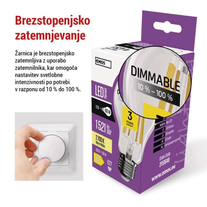 LED žarnica Filament A60 / E27 / 11W (100W) / 1521 lm / toplo bela / zatemnilna