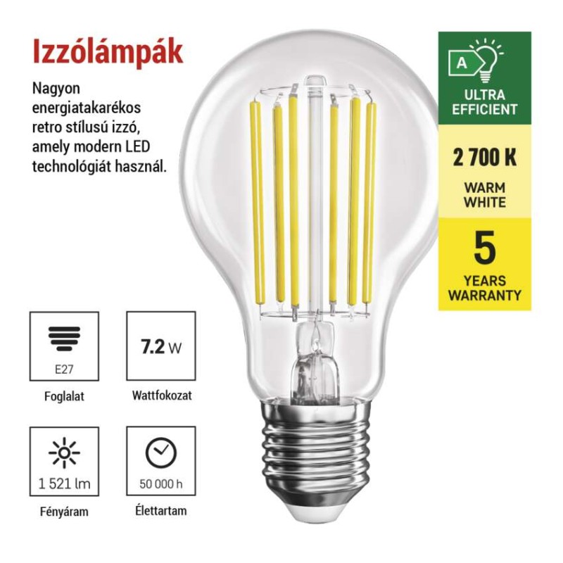 LED izzó Filament A60 A CLASS / E27 / 7,2 W (100 W) / 1521 lm / meleg fehér