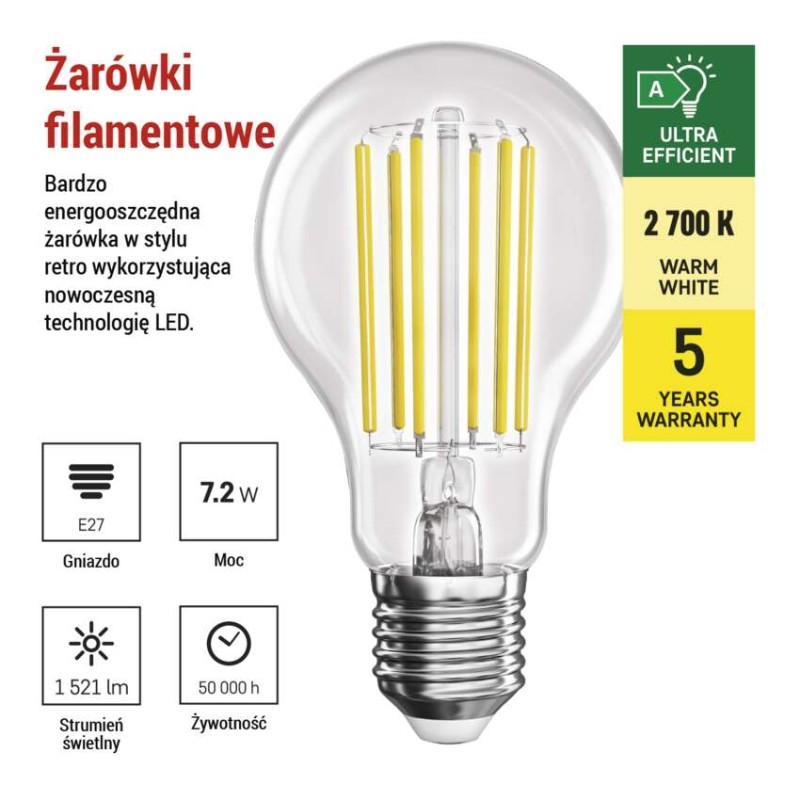 Żarówka LED Filament A60 A CLASS/ E27 / 7,2 W (100 W) / 1521 lm / ciepła biel