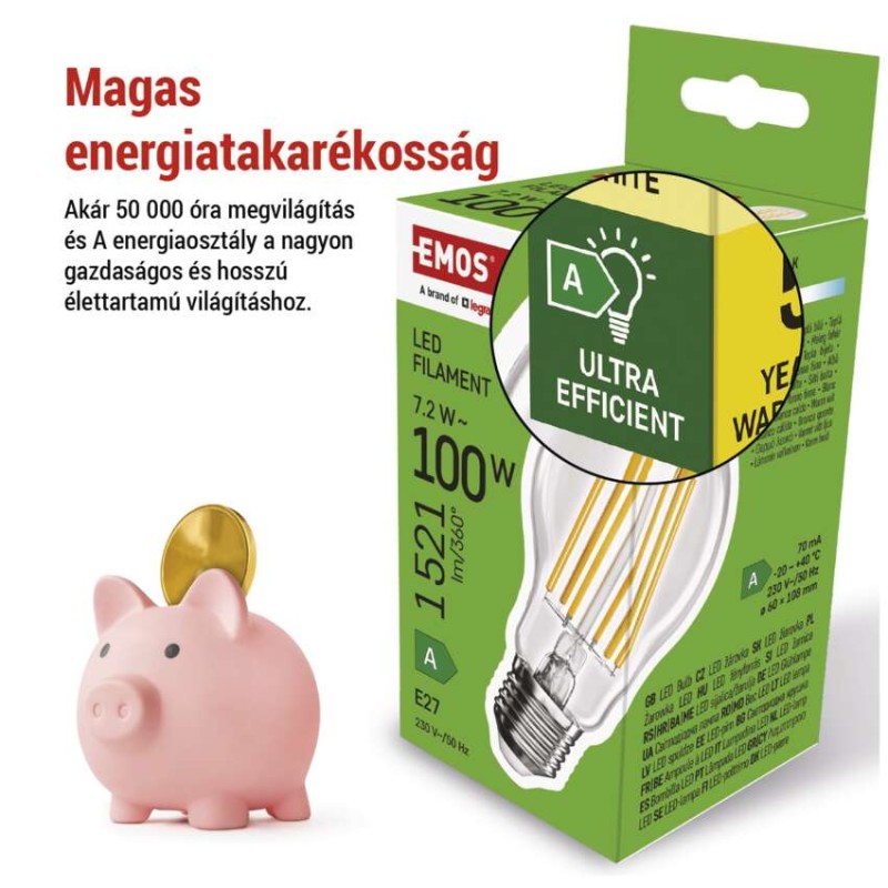 LED izzó Filament A60 A CLASS / E27 / 7,2 W (100 W) / 1521 lm / meleg fehér