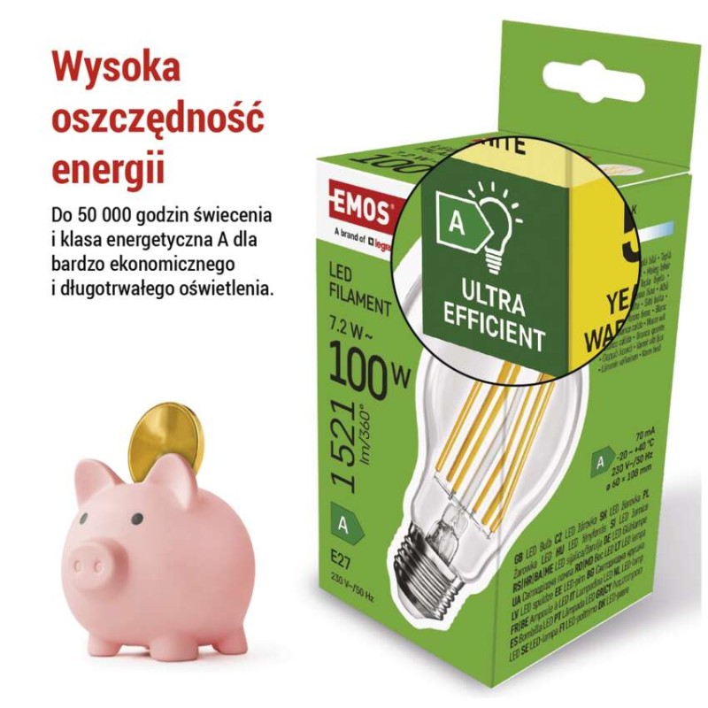 Żarówka LED Filament A60 A CLASS/ E27 / 7,2 W (100 W) / 1521 lm / ciepła biel