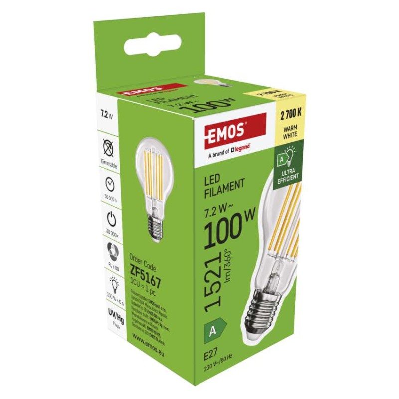 LED žárovka Filament A60 A CLASS / E27 / 7,2 W (100 W) / 1521 lm / teplá bílá