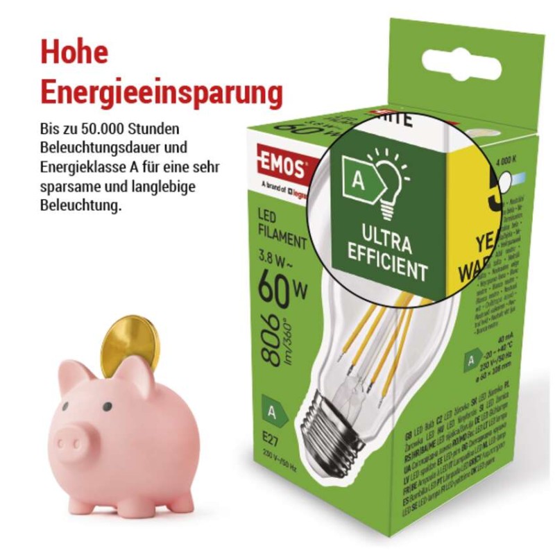 LED Lampe Filament A60 A CLASS/ E27 / 3,8 W (60 W) / 806 lm / Neutralweiß