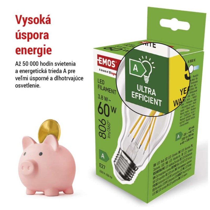 LED žiarovka Filament A60 A CLASS/ E27 / 3,8 W (60 W) / 806 lm / neutrálna biela