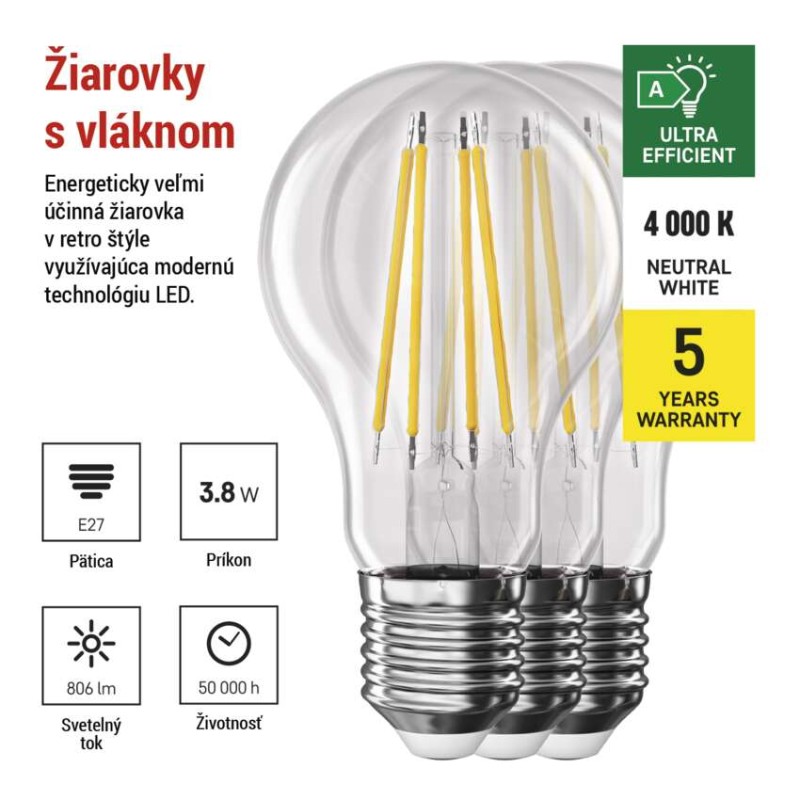 LED žiarovka Filament A60 A CLASS/ E27 / 3,8 W (60 W) / 806 lm / neutrálna biela