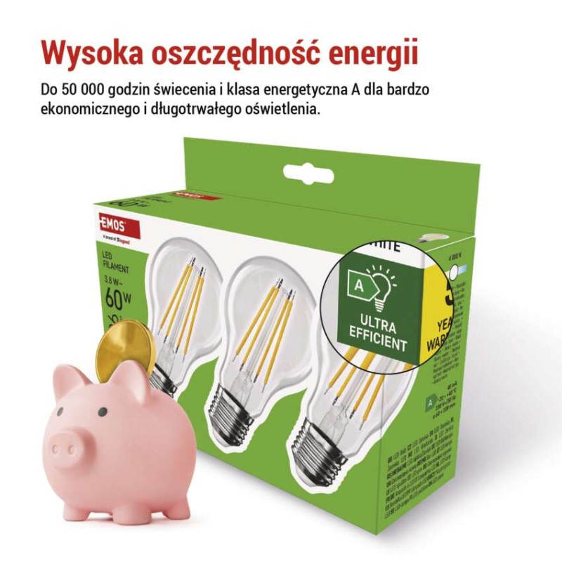 Żarówka LED Filament A60 A CLASS/ E27 / 3,8 W (60 W) / 806 lm / neutralna biel