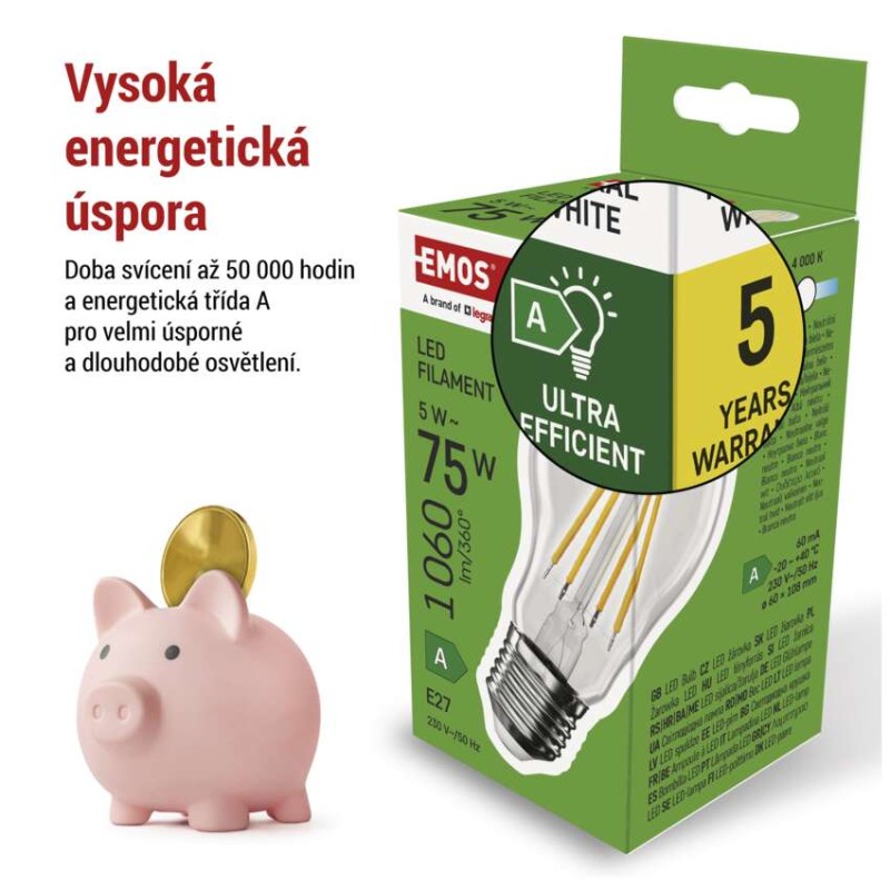 LED žárovka Filament A60 A CLASS/ E27 / 5 W (75 W) / 1 060 lm / neutrální bílá