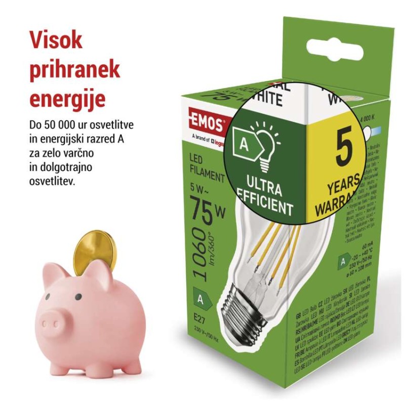 LED žarnica Filament A60 A CLASS/ E27 / 5 W (75 W) / 1 060 lm / nevtralno bela