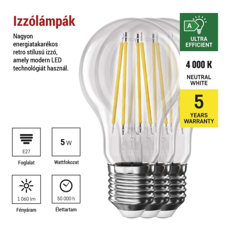LED izzó Filament A CLASS A60 / E27 / 5 W (75 W) / 1 060 lm / természetes fehér