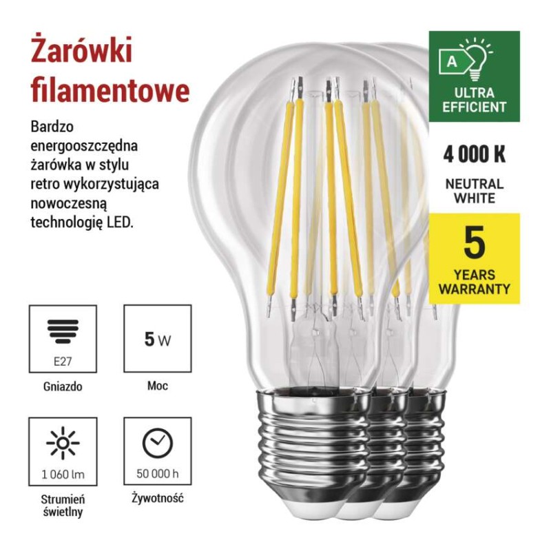 Żarówka LED Filament A CLASS A60 / E27 / 5 W (75 W) / 1 060 lm / neutralna biel