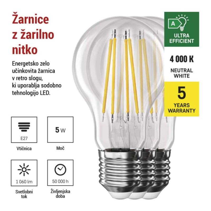 LED žarnica Filament A CLASS A60 / E27 / 5 W (75 W) / 1 060 lm / nevtralno bela