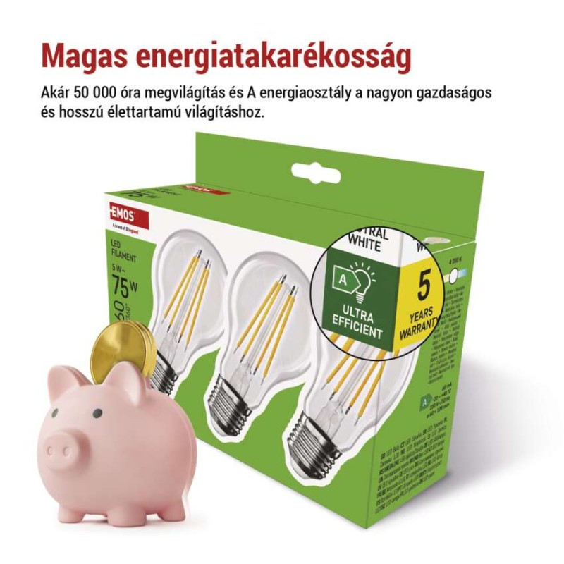LED izzó Filament A CLASS A60 / E27 / 5 W (75 W) / 1 060 lm / természetes fehér