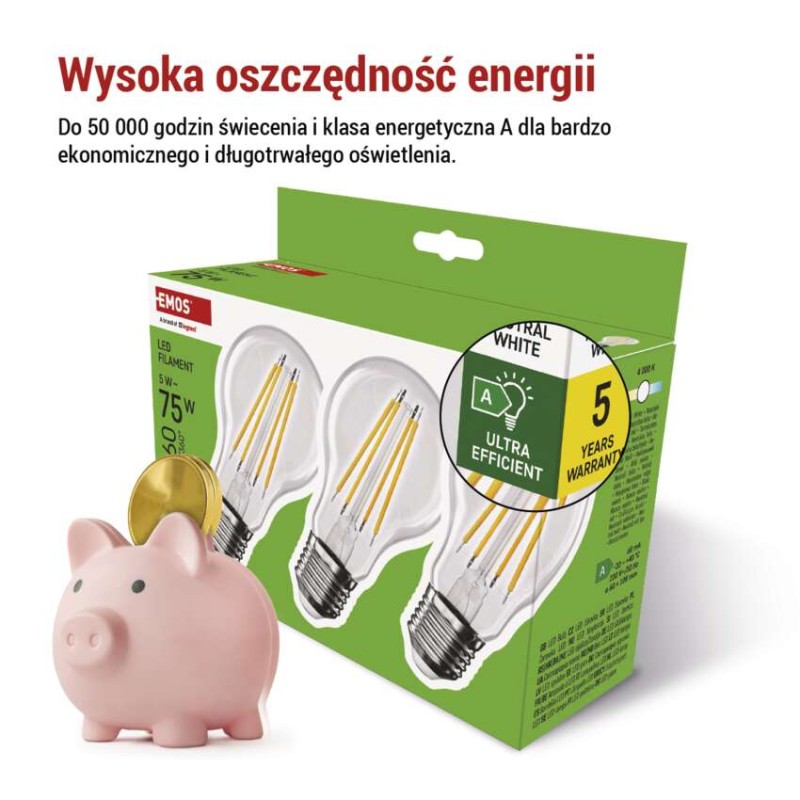 Żarówka LED Filament A CLASS A60 / E27 / 5 W (75 W) / 1 060 lm / neutralna biel