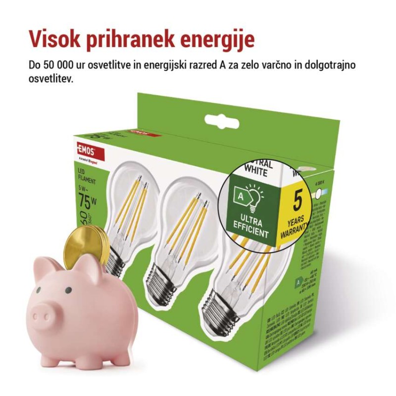 LED žarnica Filament A CLASS A60 / E27 / 5 W (75 W) / 1 060 lm / nevtralno bela