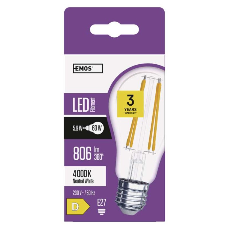 3 + 1 bez maksas – LED spuldze Filament A60 / E27 / 5,9 W (60 W) / 806 lm / neitrāli balta