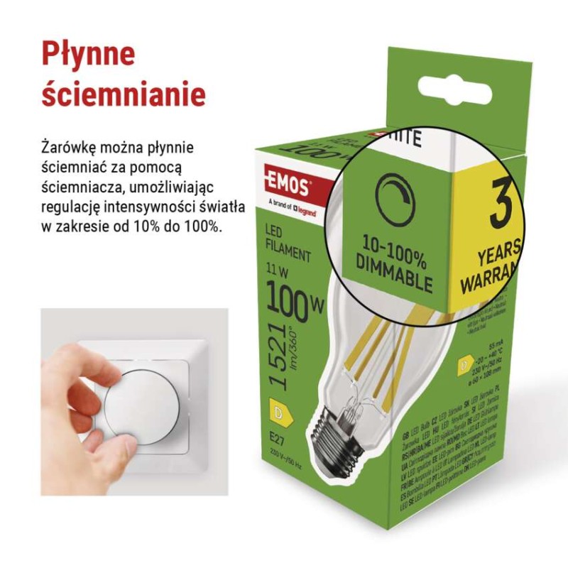 Żarówka LED Filament A60 / E27 / 11W (100W) / 1521 lm / neutralna biel / ściemnialna