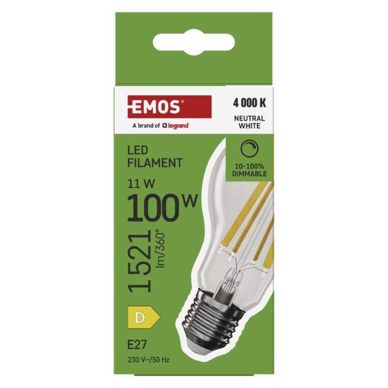LED izzó Filament A60 / E27 / 11W (100W) / 1521 lm / természetes fehér / dimmelhető