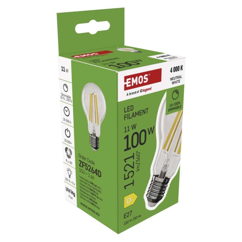LED izzó Filament A60 / E27 / 11W (100W) / 1521 lm / természetes fehér / dimmelhető