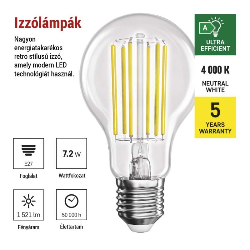 LED izzó Filament A60 A CLASS / E27 / 7,2 W (100 W) / 1521 lm / természetes fehér