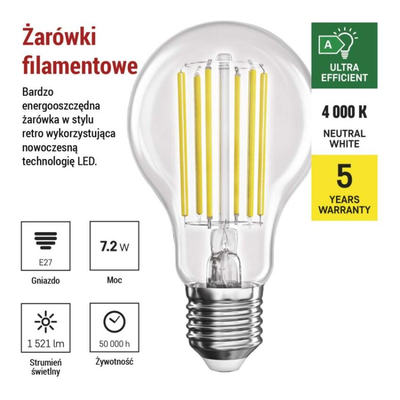 Żarówka LED Filament A60 A CLASS/ E27 / 7,2 W (100 W) / 1521 lm / neutralna biel